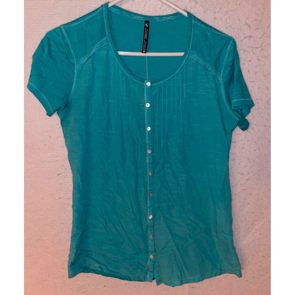 Kuhl Shirt Womens M Green Blue Button Short Sleeve Blouse Top Cotton Linen NEW